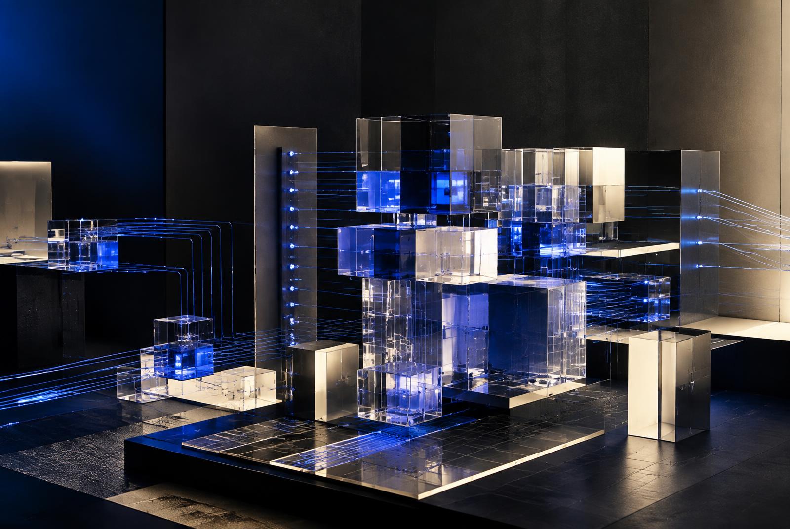 Abstract modular computing system made from illuminated glass blocks