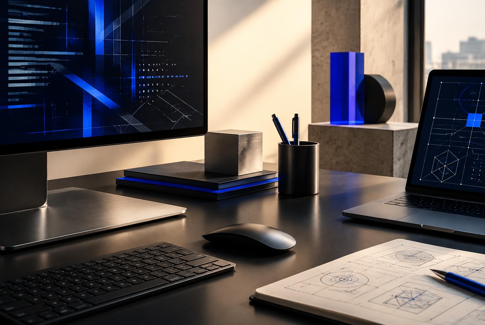 Technical software design workspace with cobalt geometric displays
